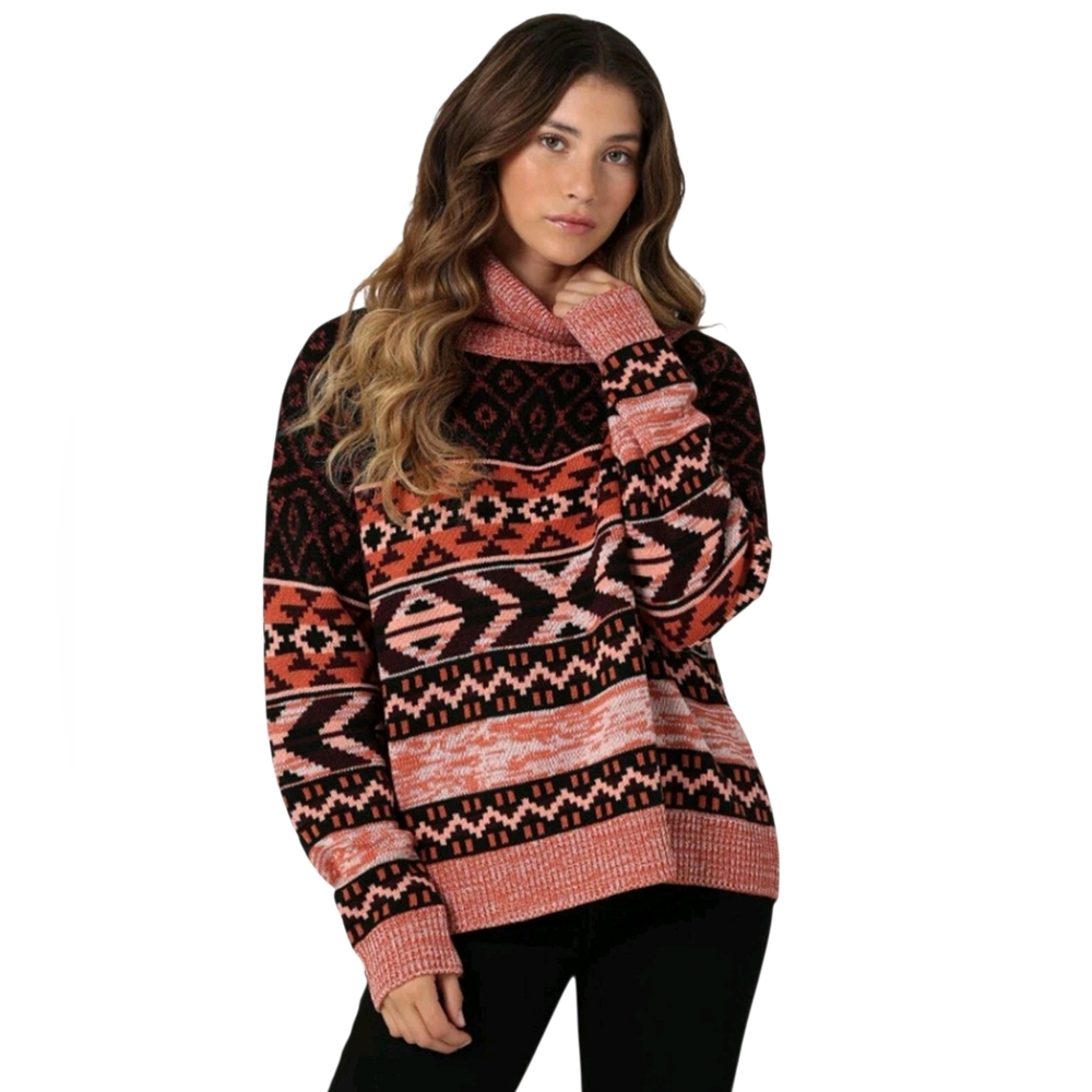 Wrangler Retro Women's Cowl Neck Fair Isle Western Sweater Sz M Oversized